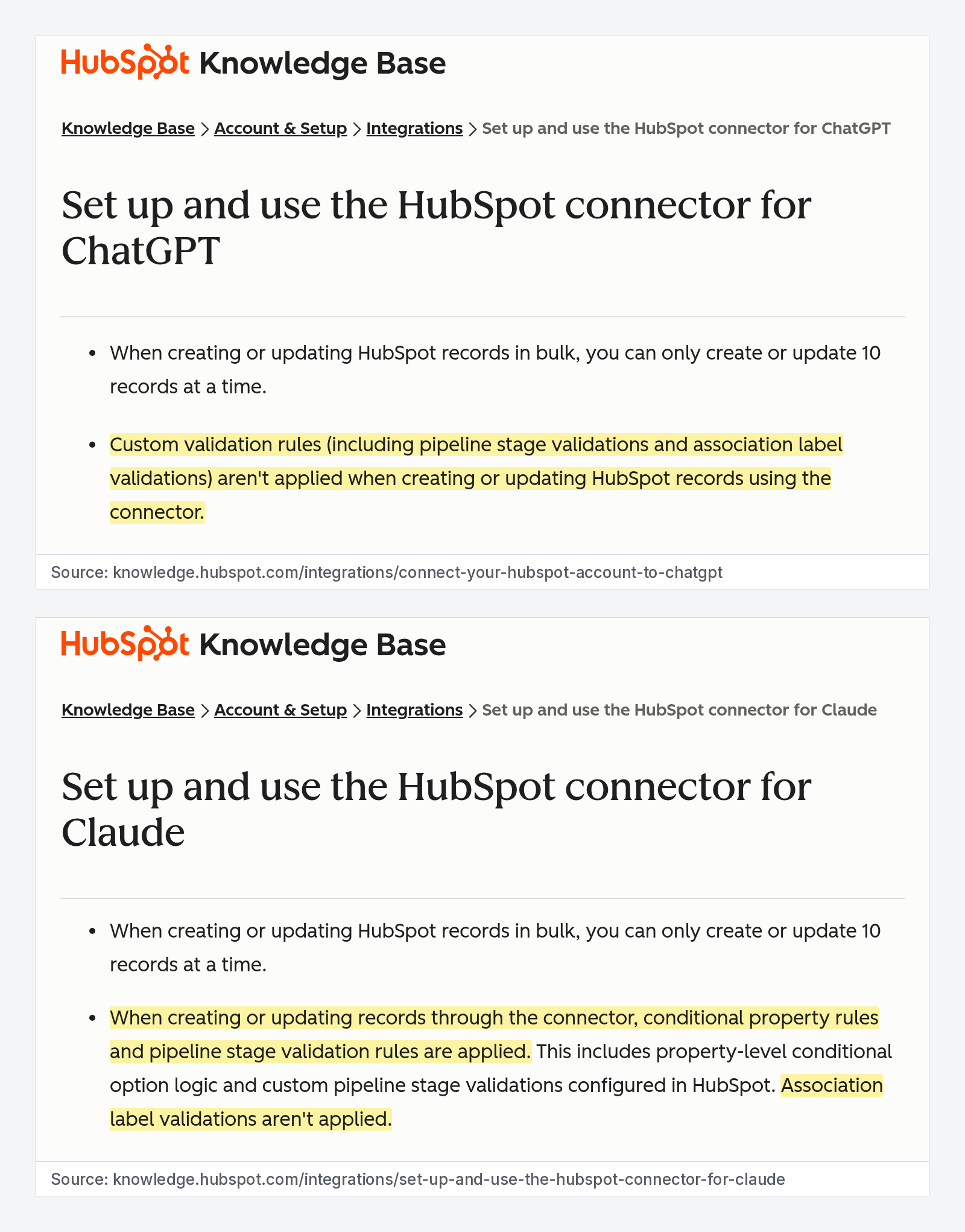 Two HubSpot knowledge base callouts that disagree on validation rules for AI connector writes.