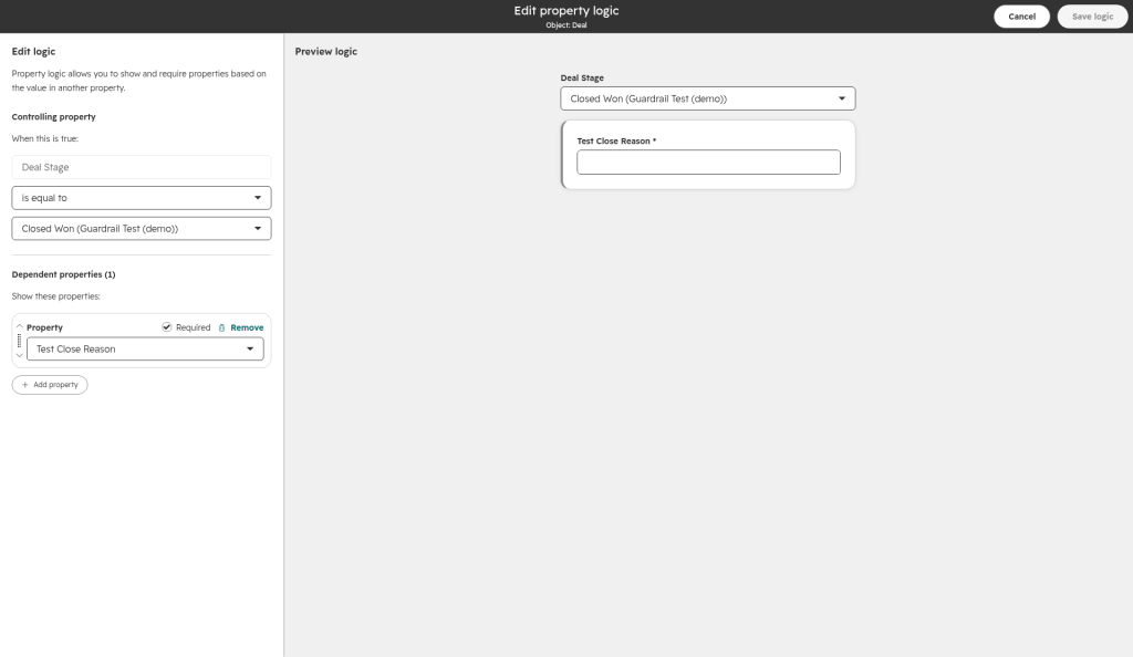 HubSpot Edit property logic screen requiring Test Close Reason when Deal Stage is Closed Won in a demo pipeline.