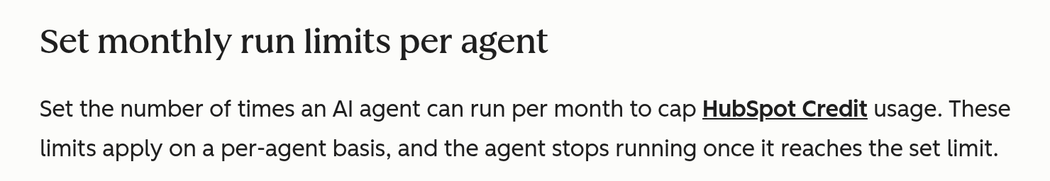 HubSpot KB on setting monthly run limits per AI agent