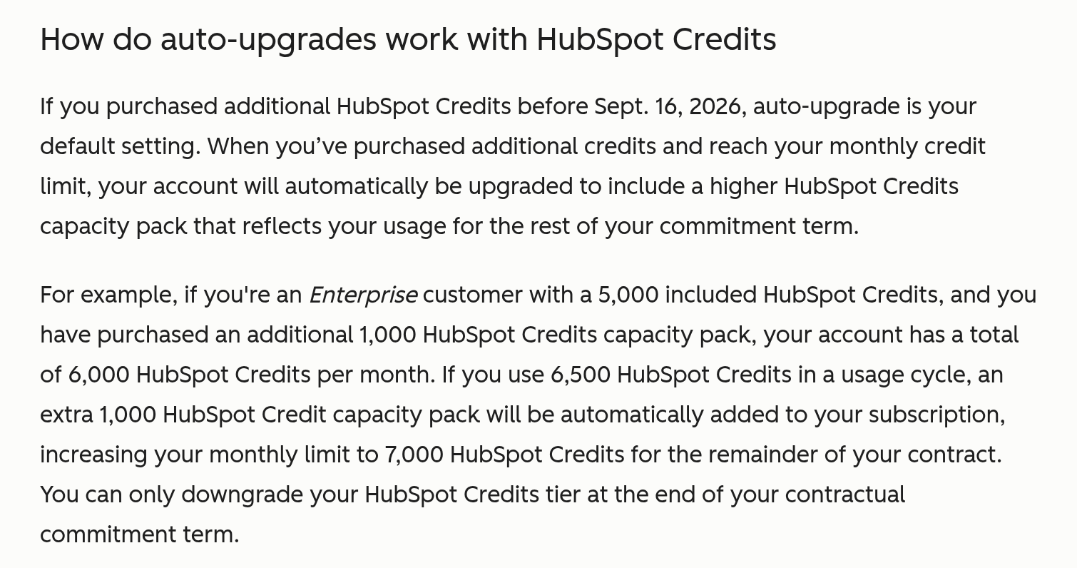 HubSpot credits KB explaining how auto-upgrade adds a capacity pack for the rest of the commitment term