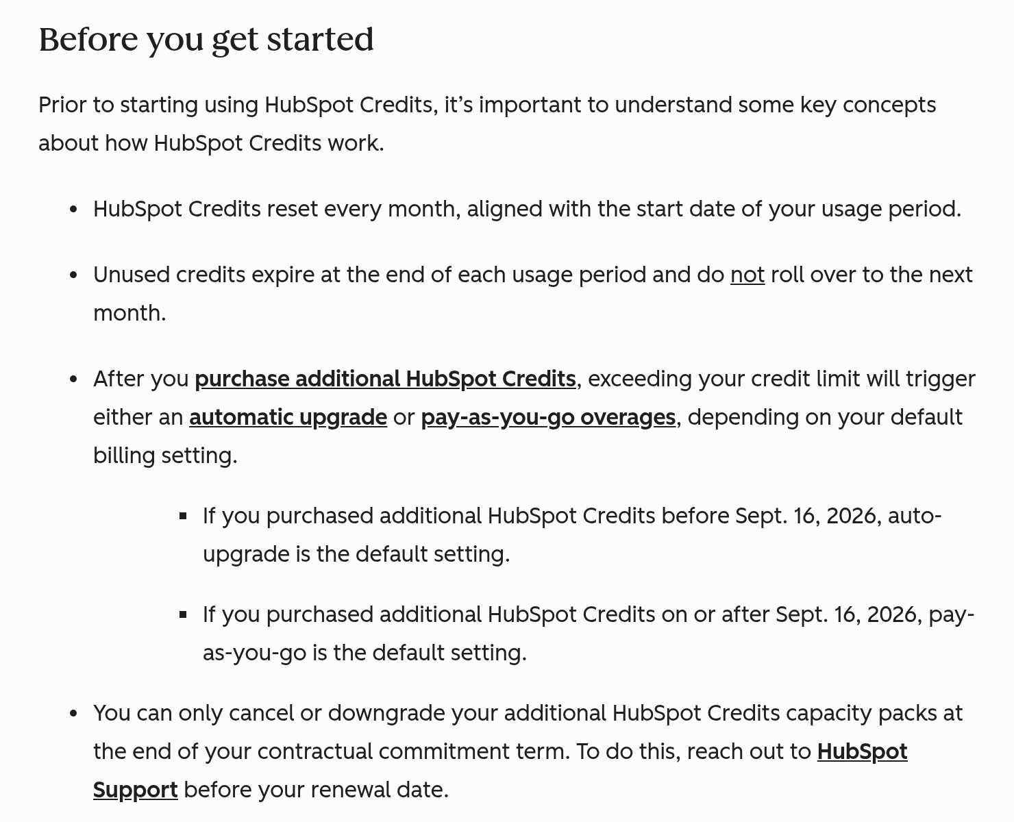 HubSpot credits KB key concepts: monthly reset, no rollover, and the Sept. 16, 2026 default billing settings