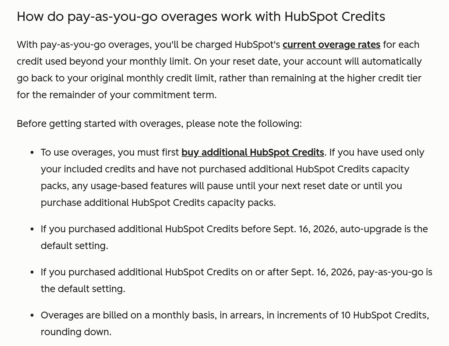 HubSpot credits KB on pay-as-you-go overages, billed monthly in arrears in increments of 10 credits