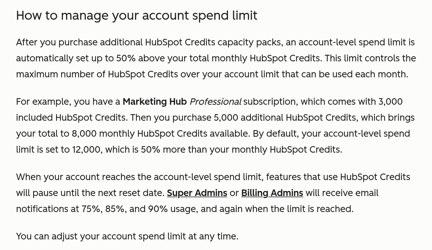 HubSpot credits KB on the account spend limit, alerts at 75, 85 and 90 percent, and pausing at the limit