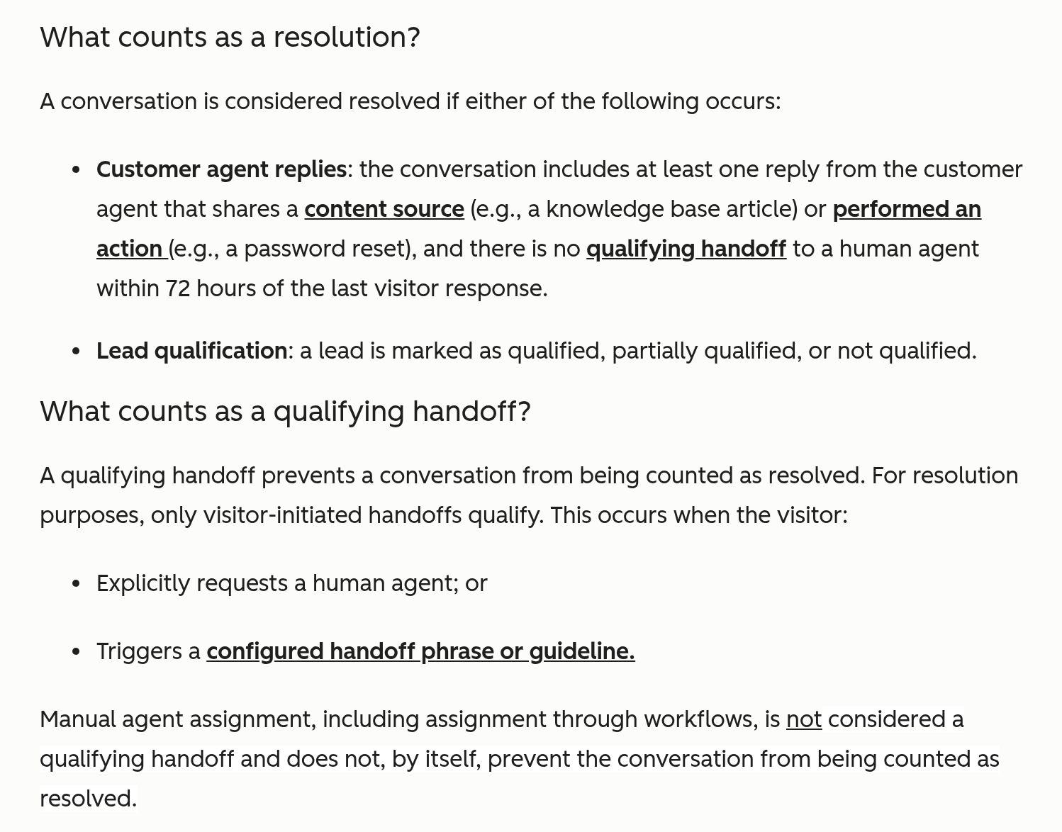 HubSpot Customer Agent KB defining a resolution and a qualifying handoff