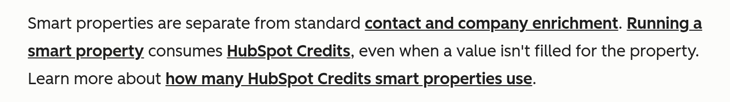 HubSpot KB stating that running a smart property consumes HubSpot credits even when a value isn't filled