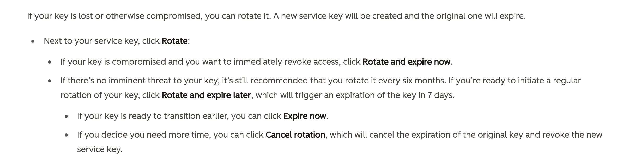 HubSpot service key docs showing rotate and expire now and rotate and expire later options