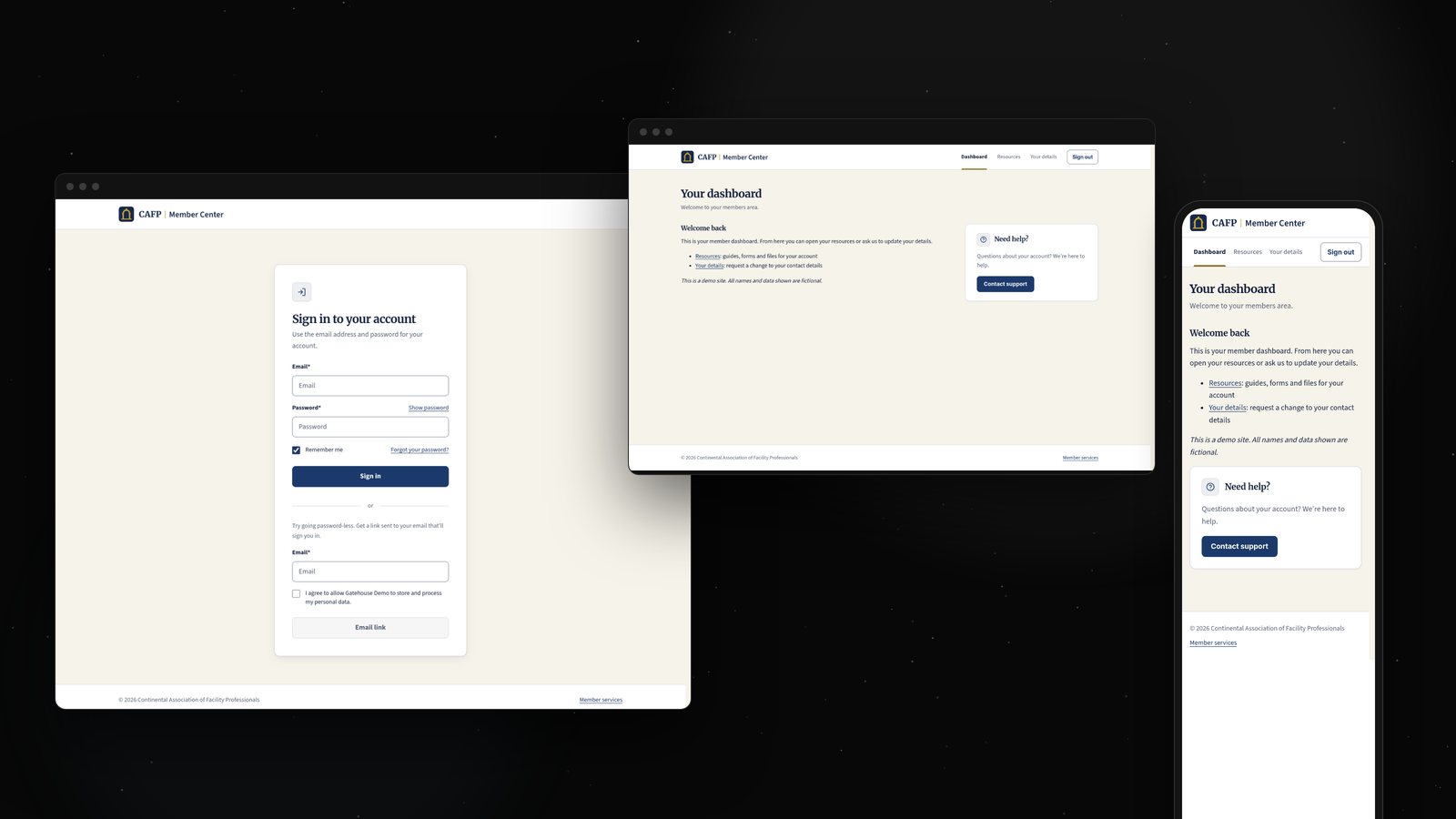 Gatehouse on a demo member site: the sign-in page, the member dashboard on desktop, and the dashboard on a phone.
