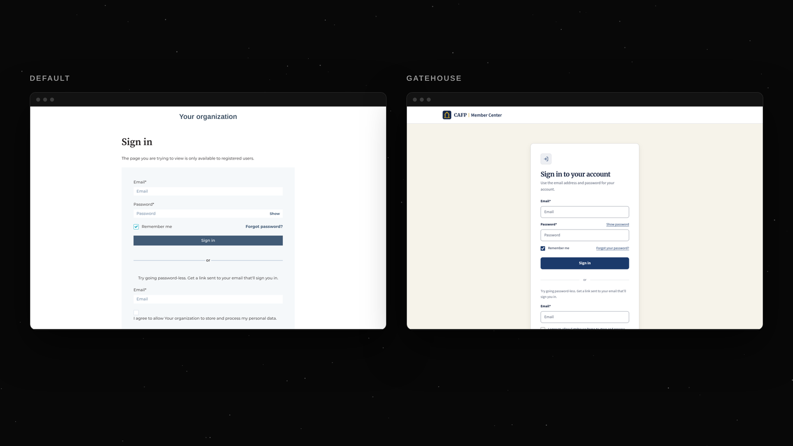 Default HubSpot sign-in page next to the Gatehouse sign-in page