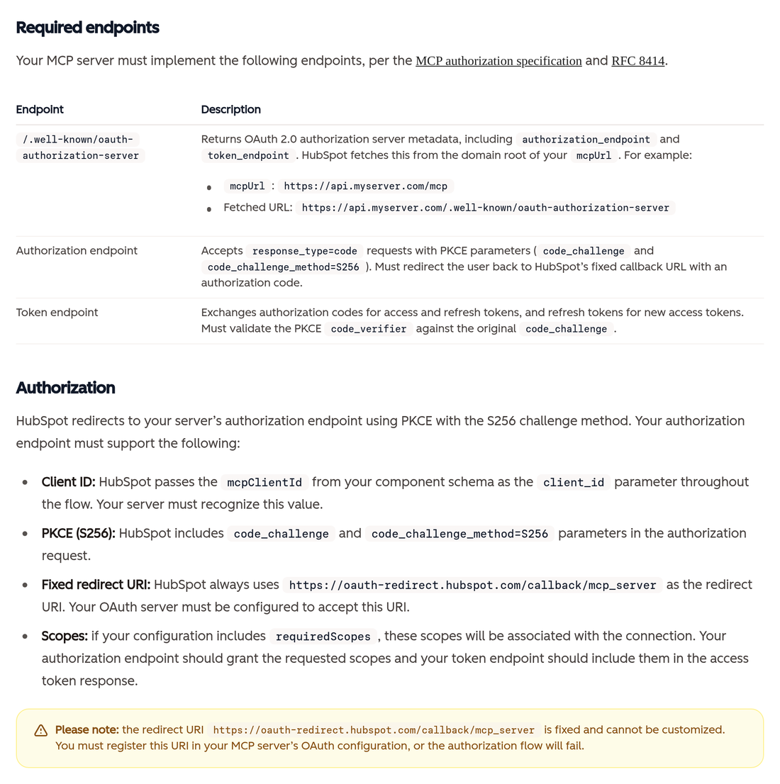 HubSpot mcp-server doc showing the fixed oauth-redirect.hubspot.com/callback/mcp_server redirect URI
