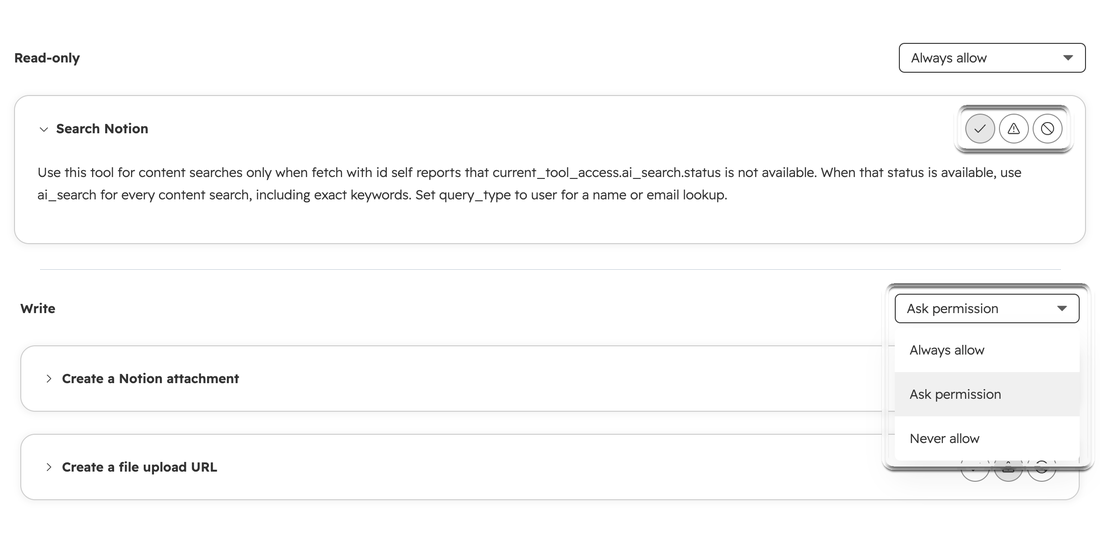 HubSpot Connected Apps Settings for a Notion connector, showing the Read-only and Write tool sections with Always allow, Ask permission, and Never allow permission choices.